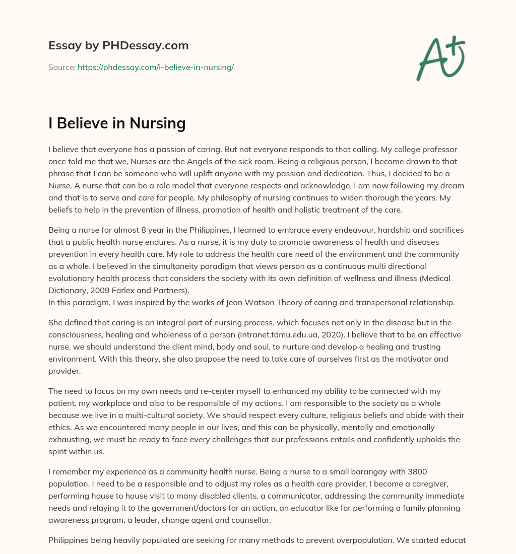 I Believe in Nursing essay