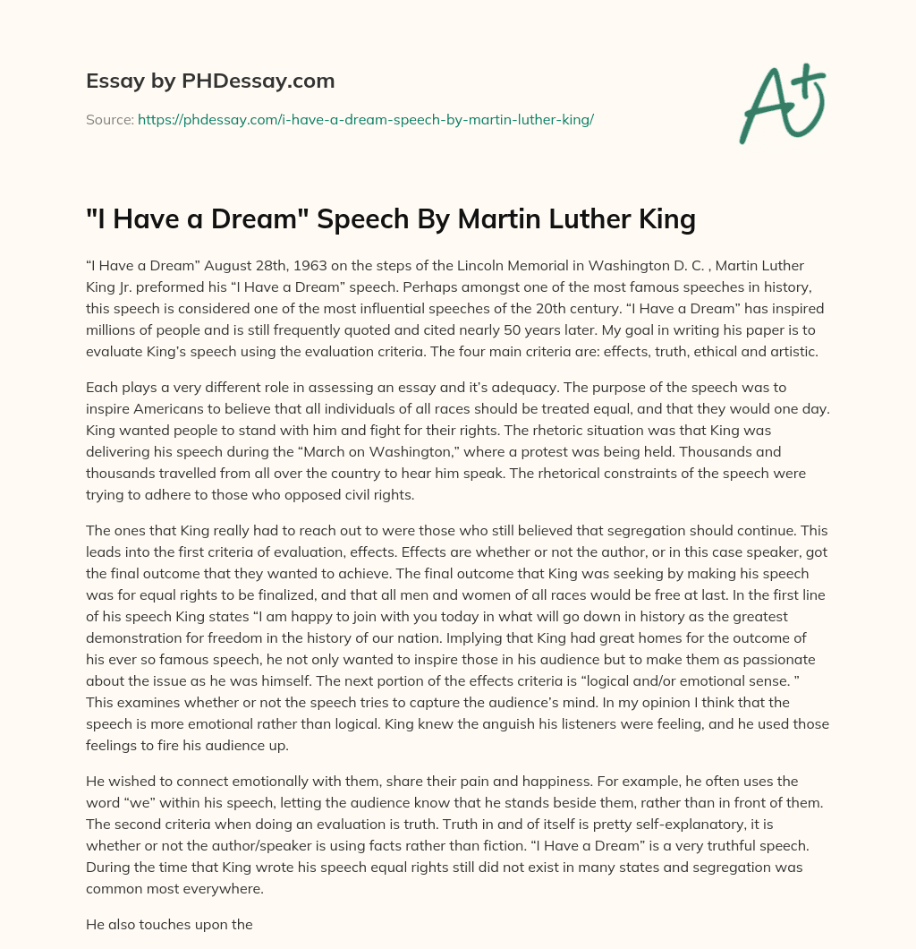“I Have a Dream” Speech By Martin Luther King essay