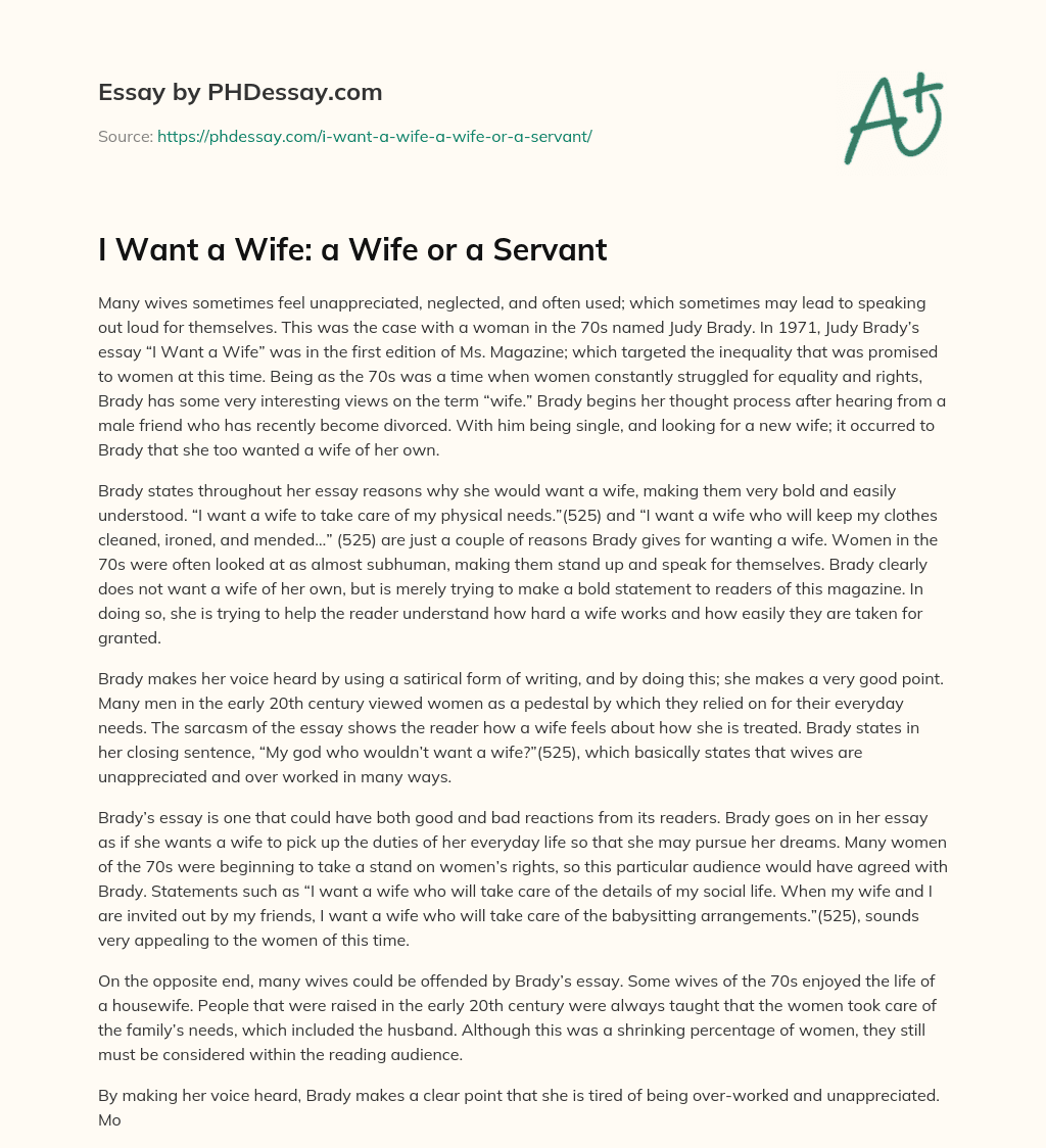 I Want a Wife: a Wife or a Servant essay