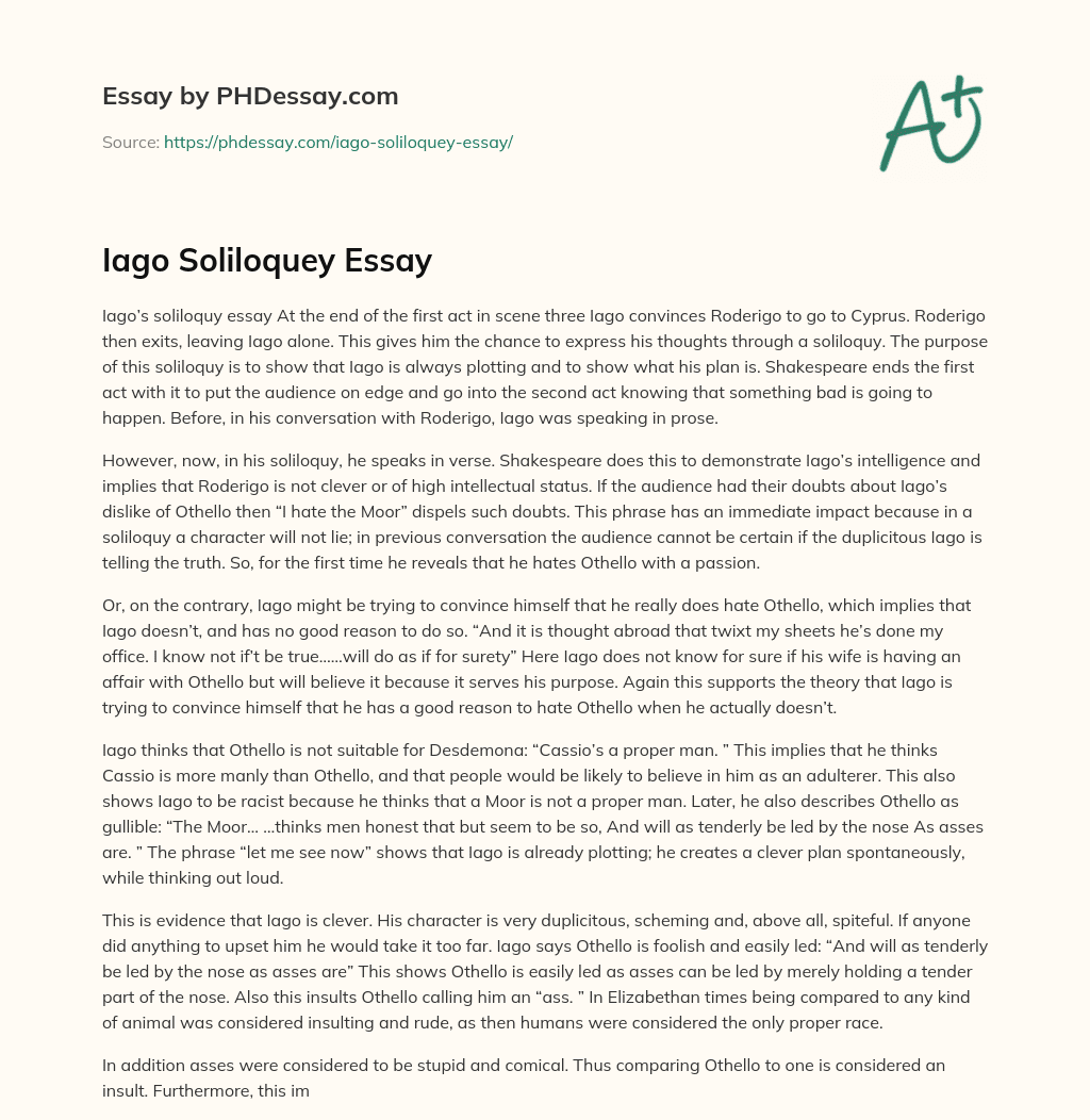 Iago Soliloquey Essay essay