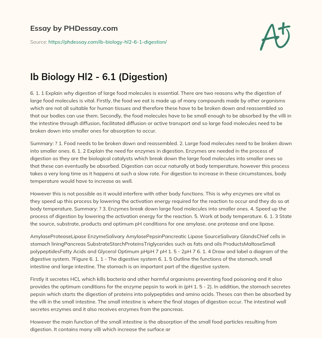 Ib Biology Hl2 – 6.1 (Digestion) essay