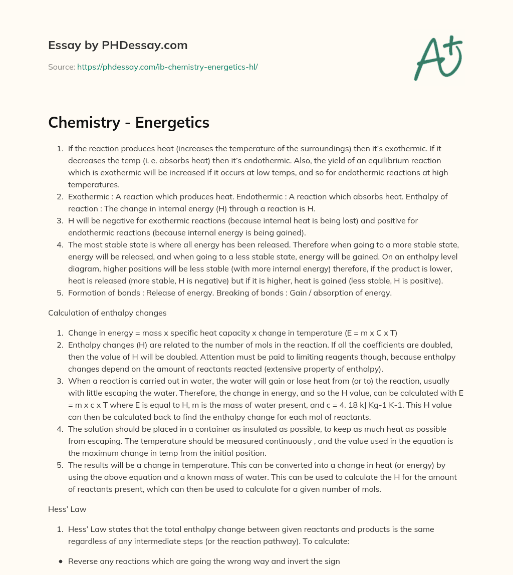 Chemistry – Energetics essay
