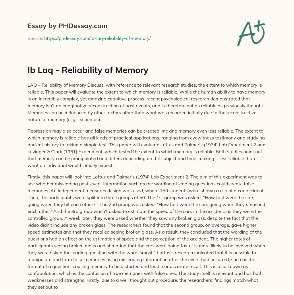 Ib Laq – Reliability of Memory essay