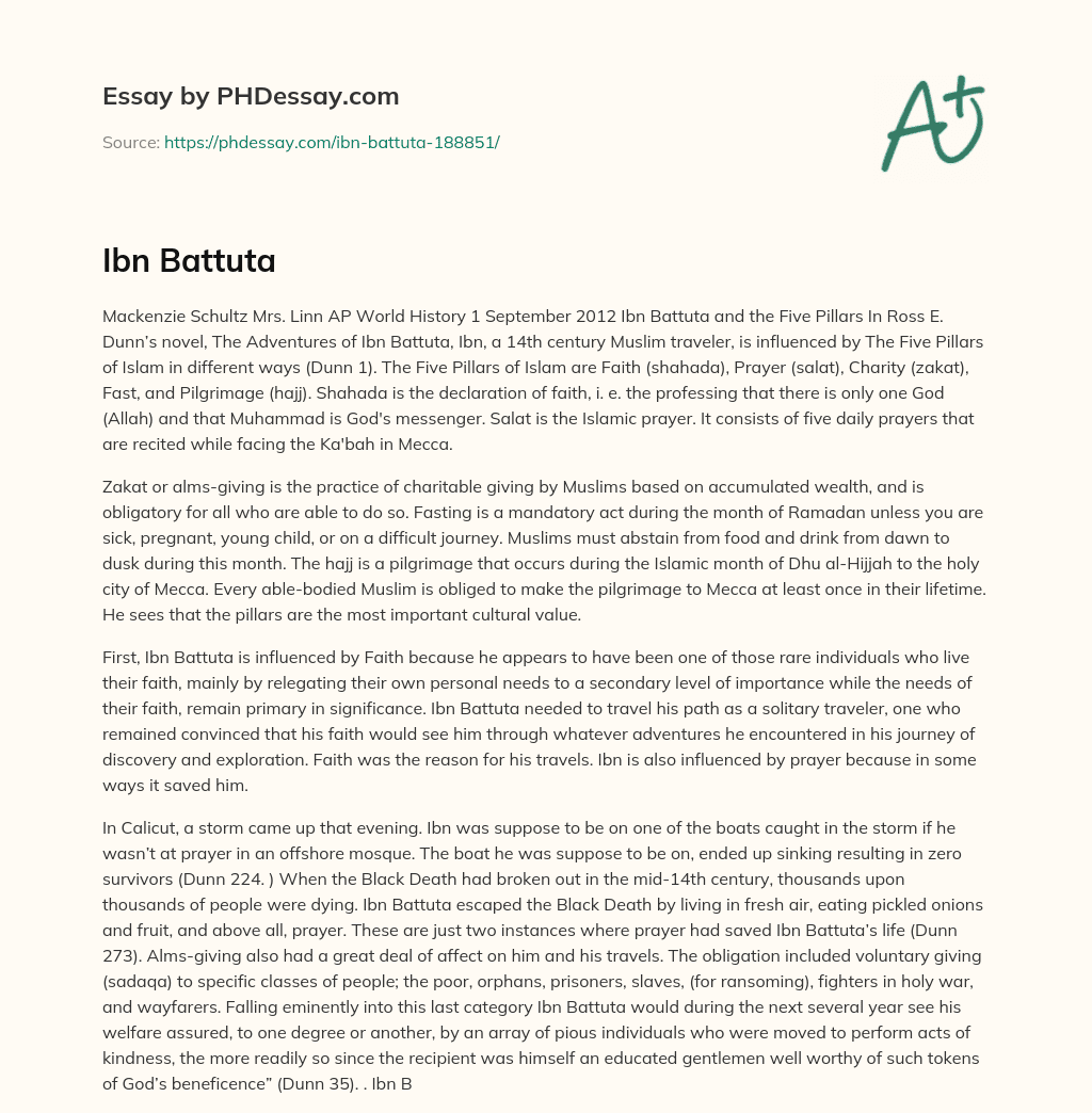 The Influence of the Five Pillars of Islam on Ibn Battuta’s Travels essay