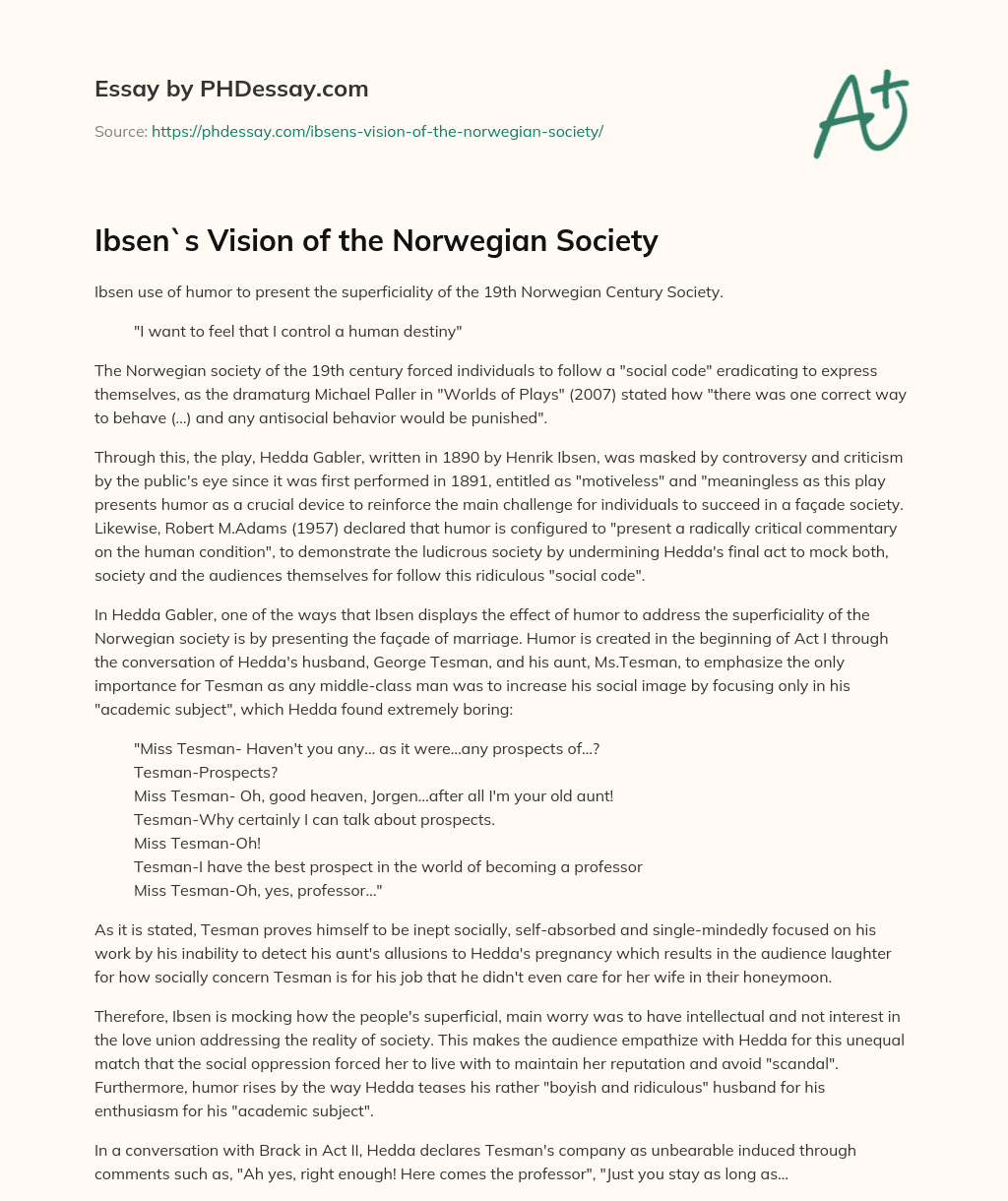 Ibsen`s Vision of the Norwegian Society essay