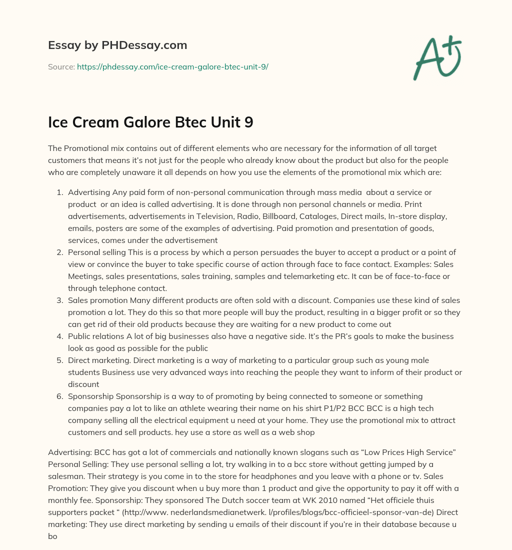 Ice Cream Galore Btec Unit 9 essay
