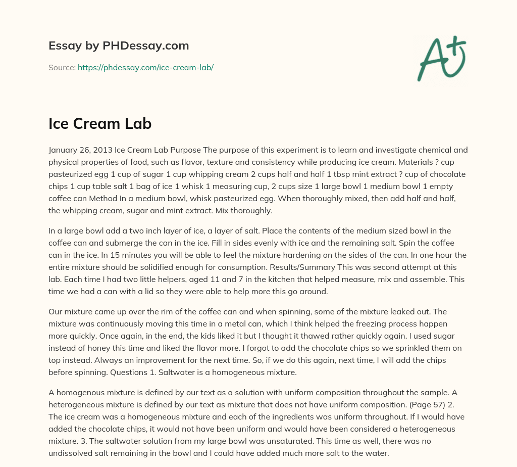 Ice Cream Lab Report Example (500 Words)