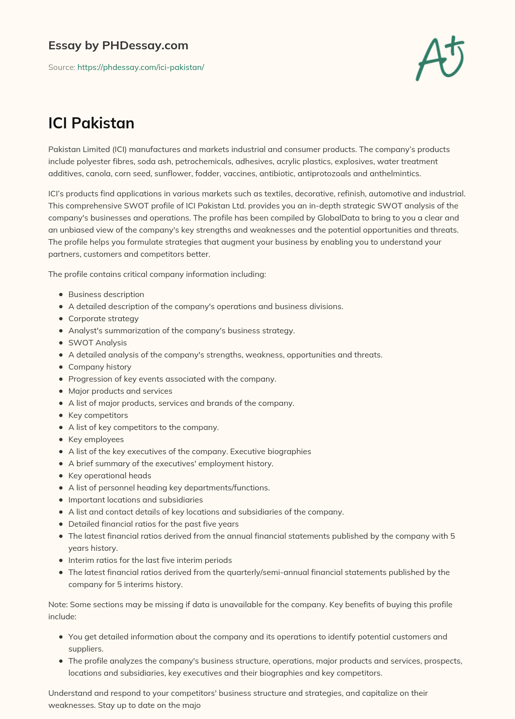 ICI Pakistan essay