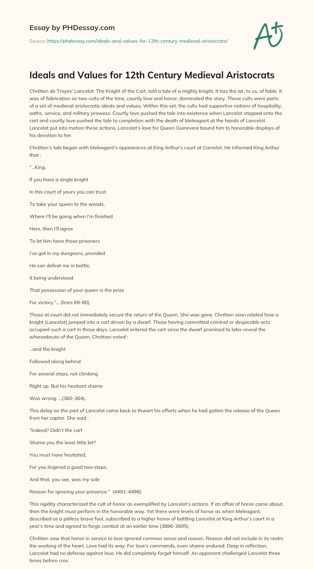 Ideals and Values for 12th Century Medieval Aristocrats essay
