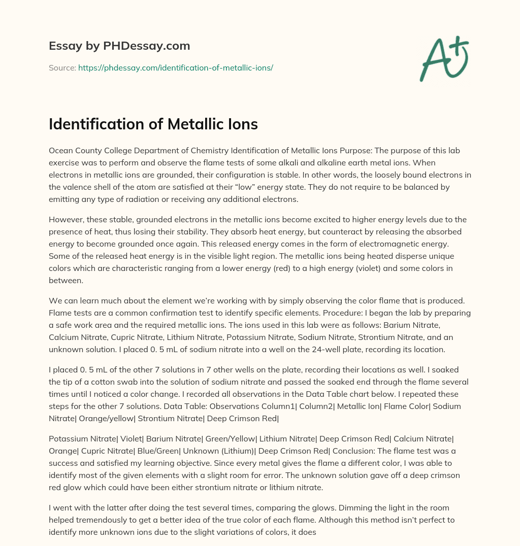Identification of Metallic Ions essay