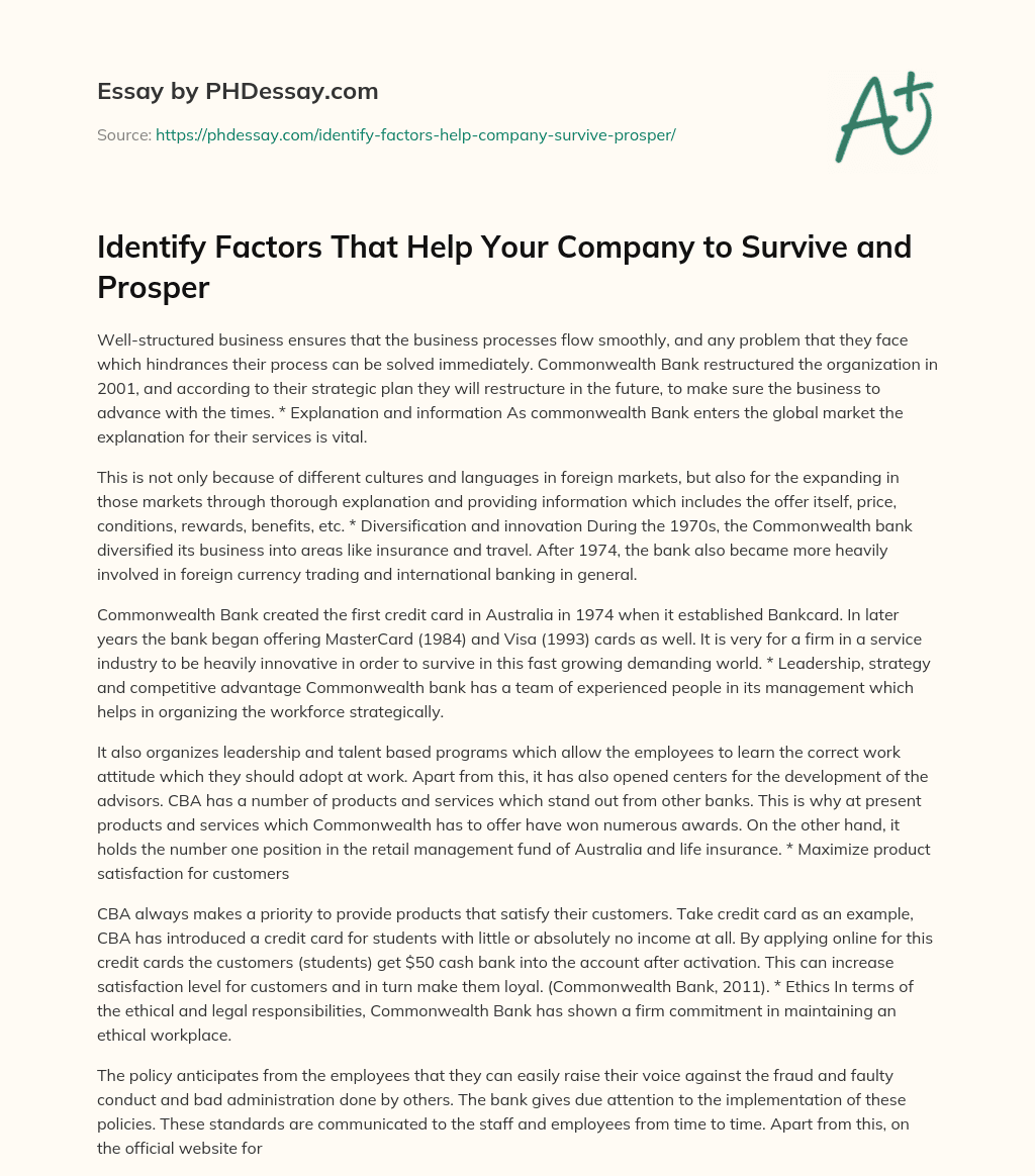 Identify Factors That Help Your Company to Survive and Prosper essay