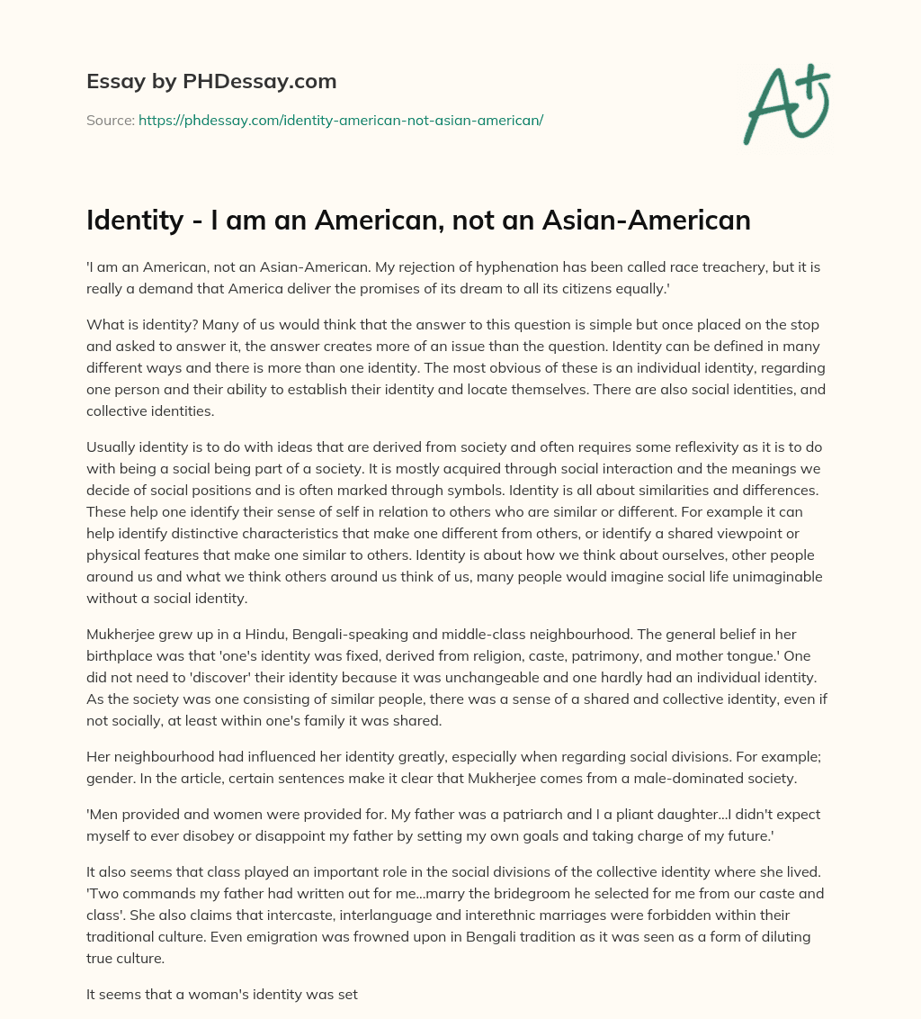 Identity  – I am an American, not an Asian-American essay