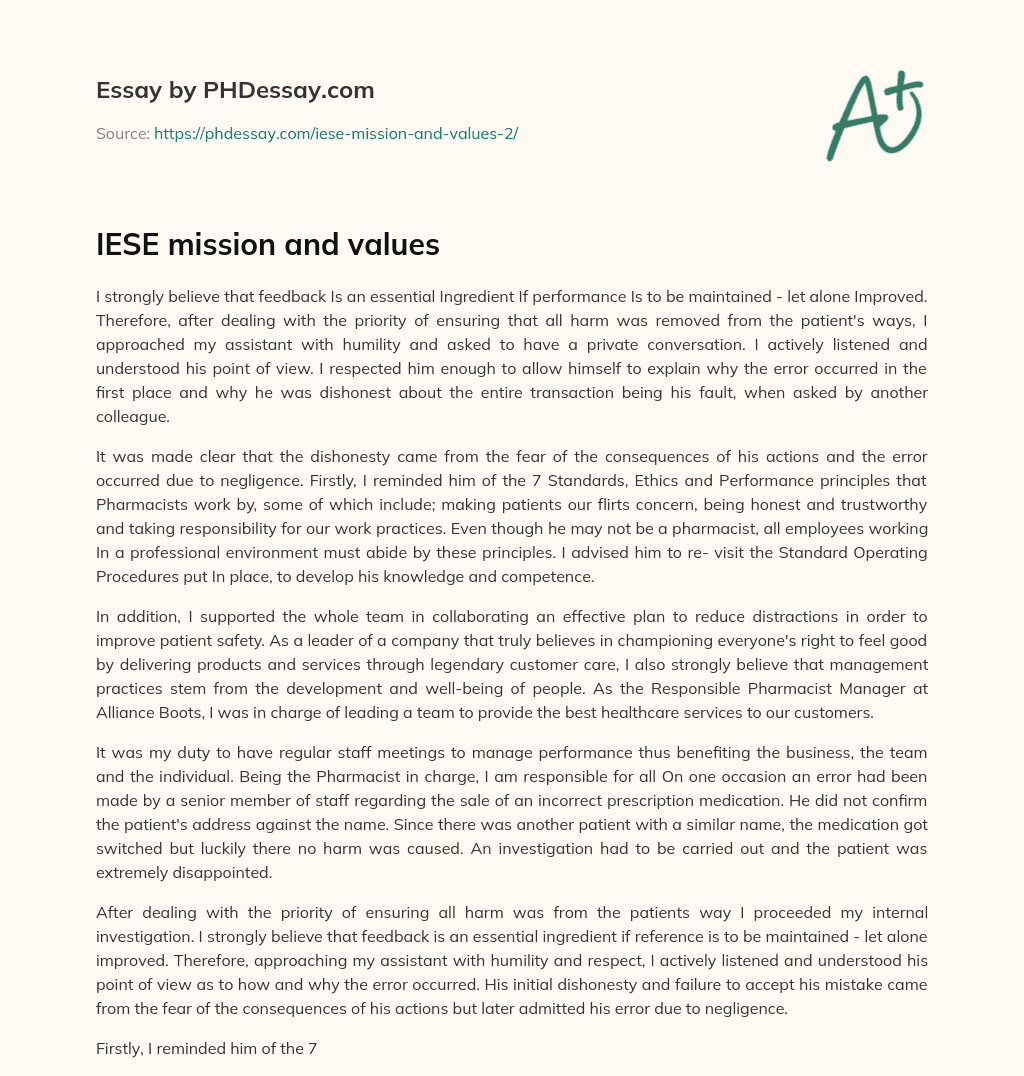 IESE mission and values essay