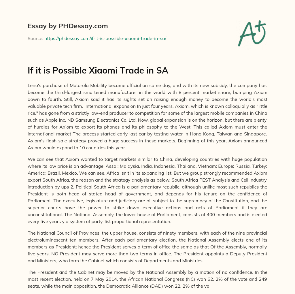 If it is Possible Xiaomi Trade in SA essay