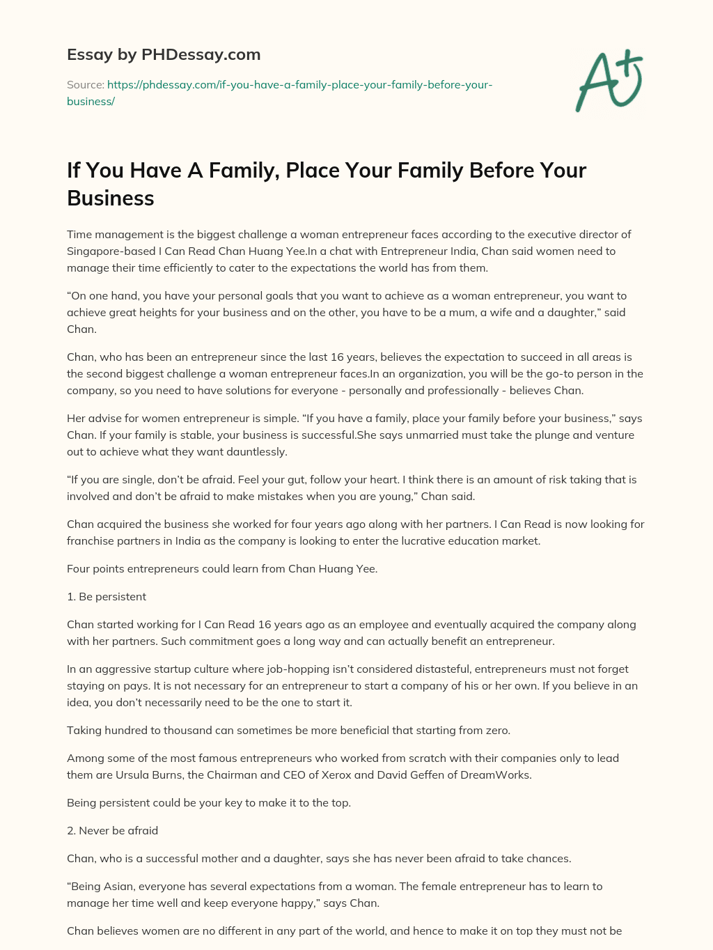 If You Have A Family, Place Your Family Before Your Business essay