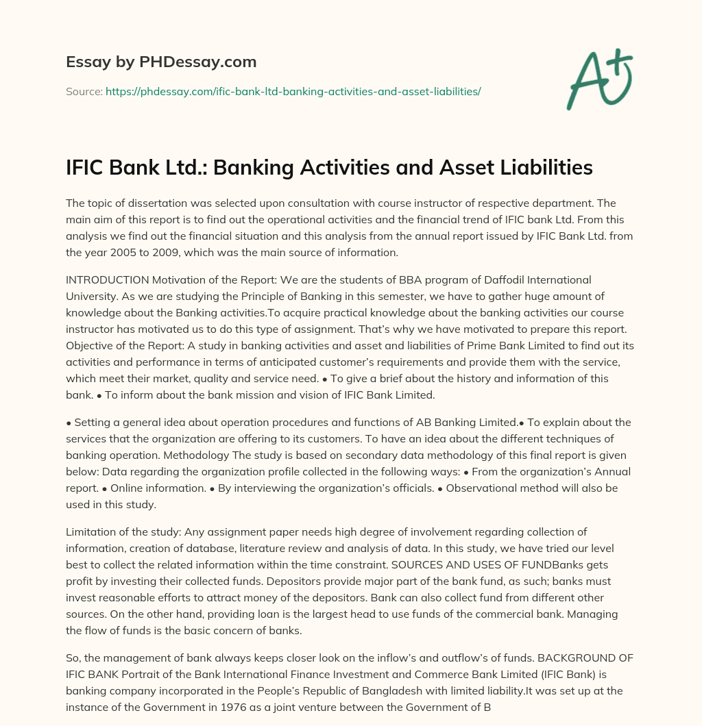 IFIC Bank Ltd.: Banking Activities and Asset Liabilities essay