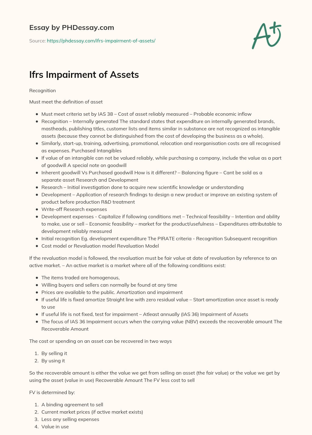 Ifrs Impairment of Assets essay