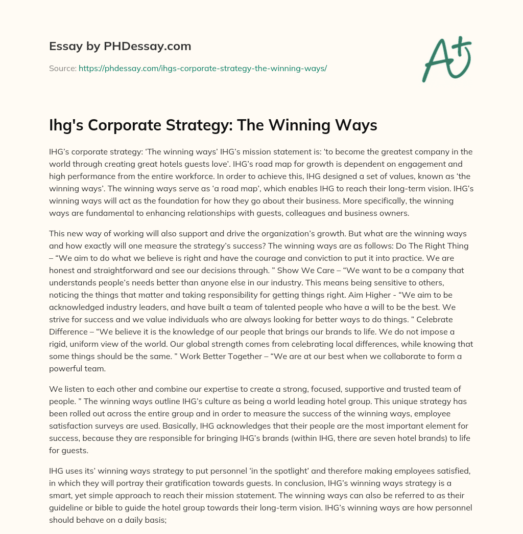 Ihg’s Corporate Strategy: The Winning Ways essay