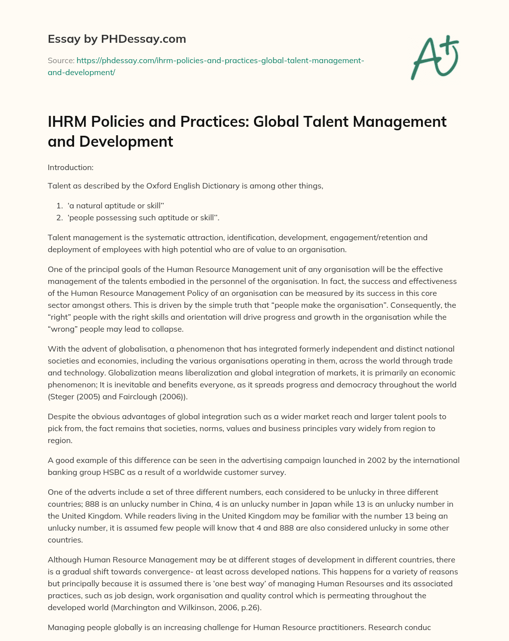 IHRM Policies and Practices: Global Talent Management and Development essay