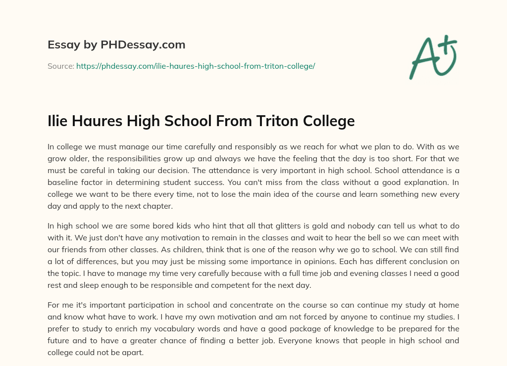 Ilie Haures High School From Triton College essay