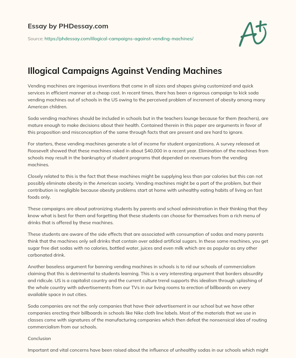 Illogical Campaigns Against Vending Machines essay