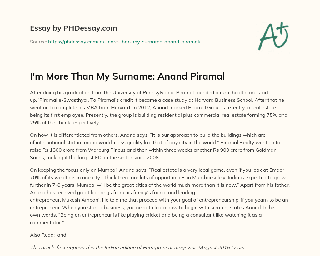 I’m More Than My Surname: Anand Piramal essay