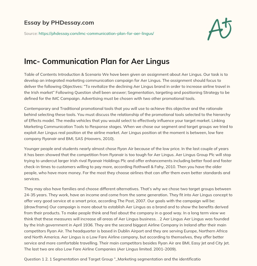 Imc- Communication Plan for Aer Lingus essay