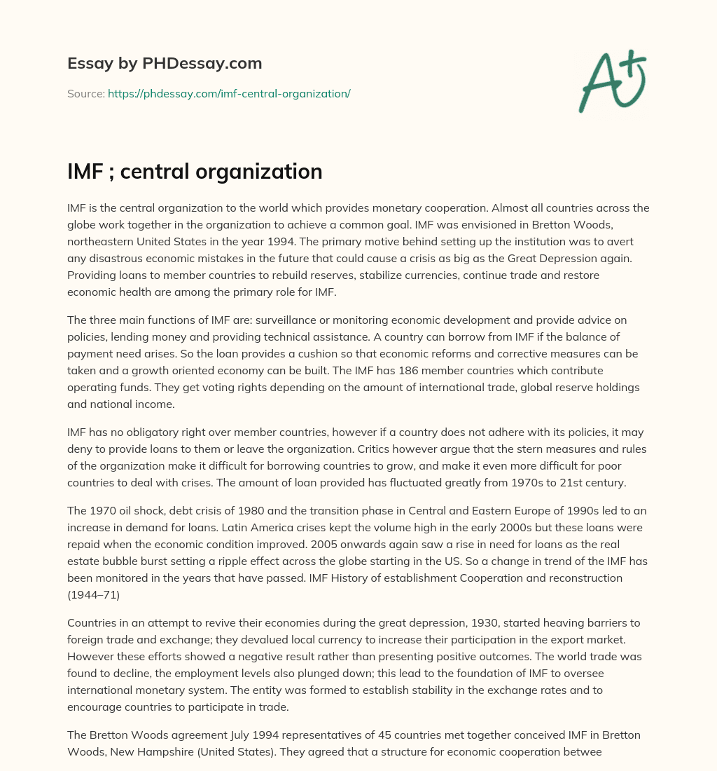 IMF ; central organization essay