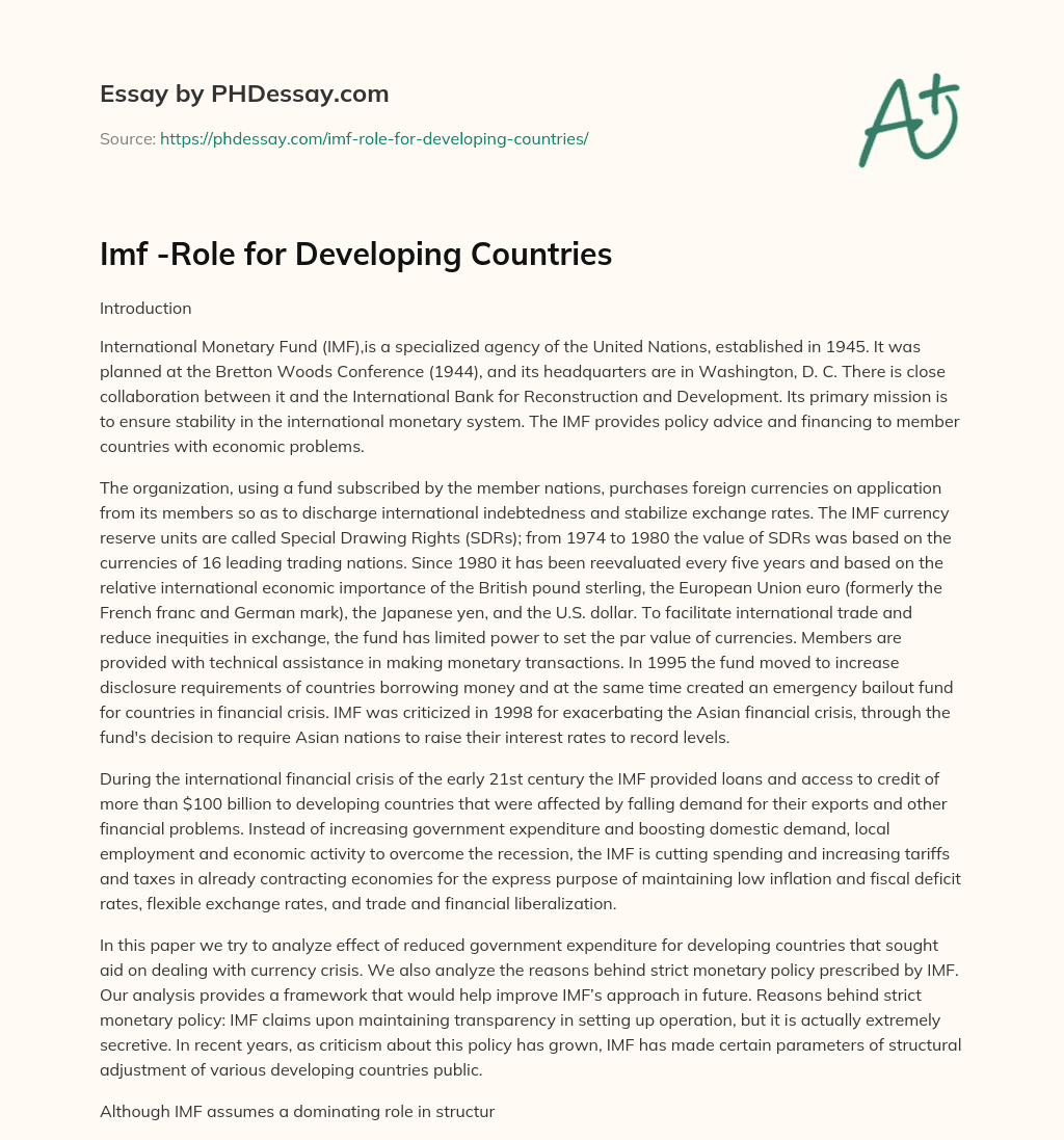 Imf -Role for Developing Countries essay