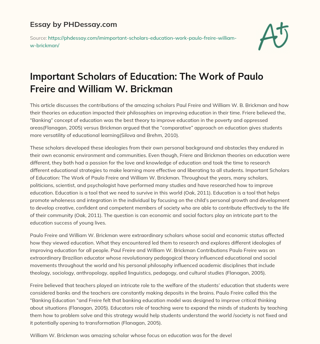 Important Scholars of Education: The Work of Paulo Freire and William W. Brickman essay