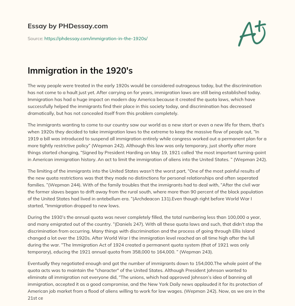 Immigration in the 1920’s essay