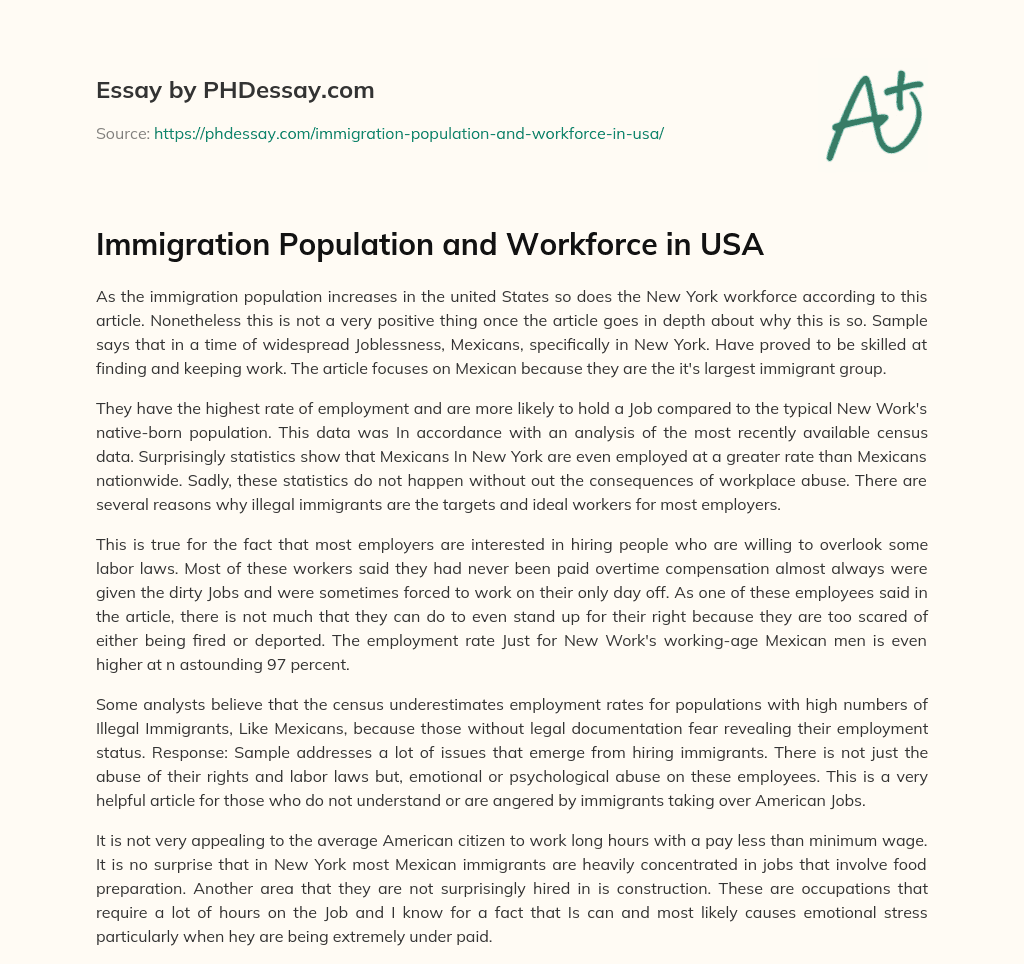 Immigration Population and Workforce in USA essay