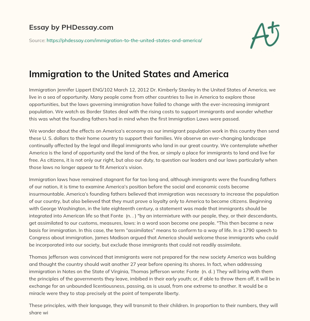 Immigration to the United States and America essay