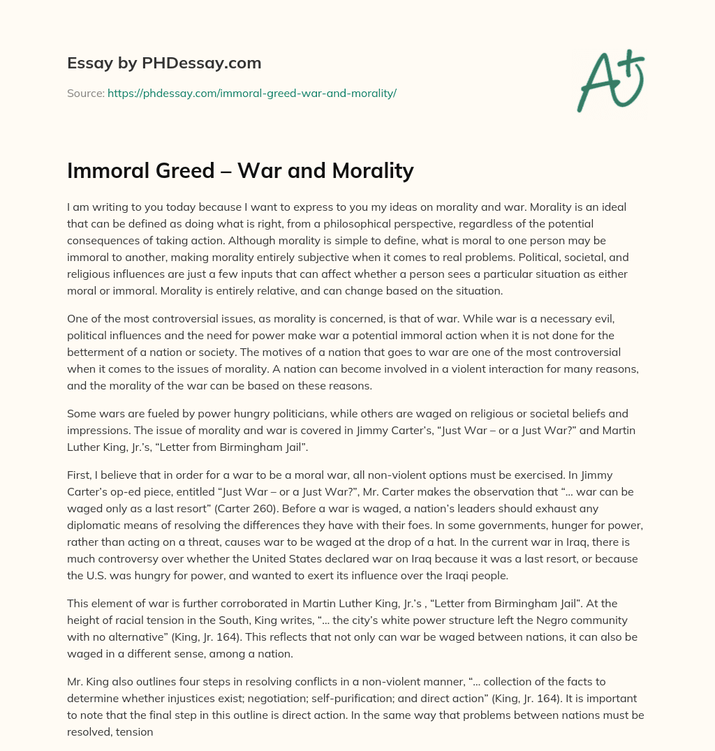 Immoral Greed – War and Morality essay