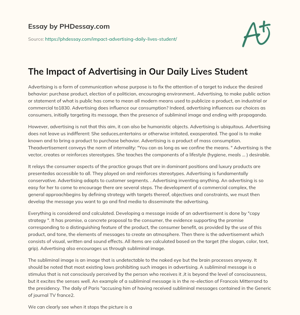 The Impact of Advertising in Our Daily Lives Student essay