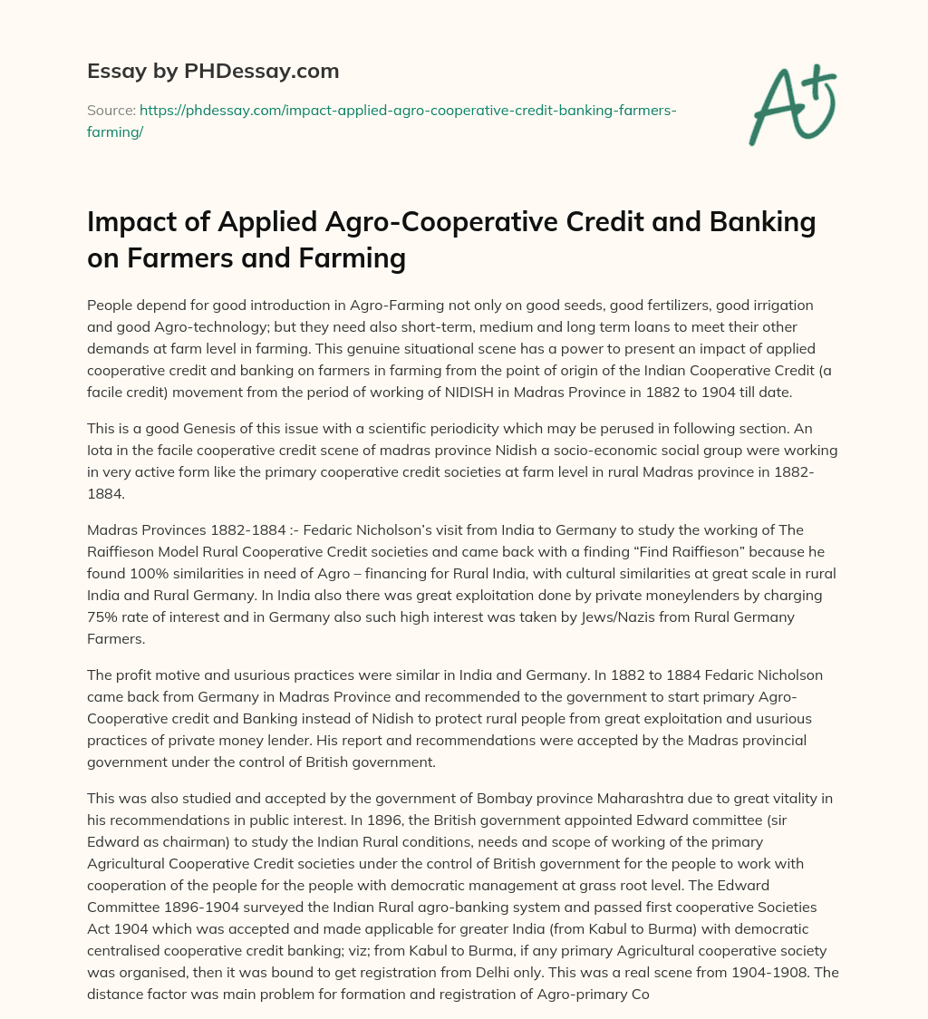 Impact of Applied Agro-Cooperative Credit and Banking on Farmers and Farming essay