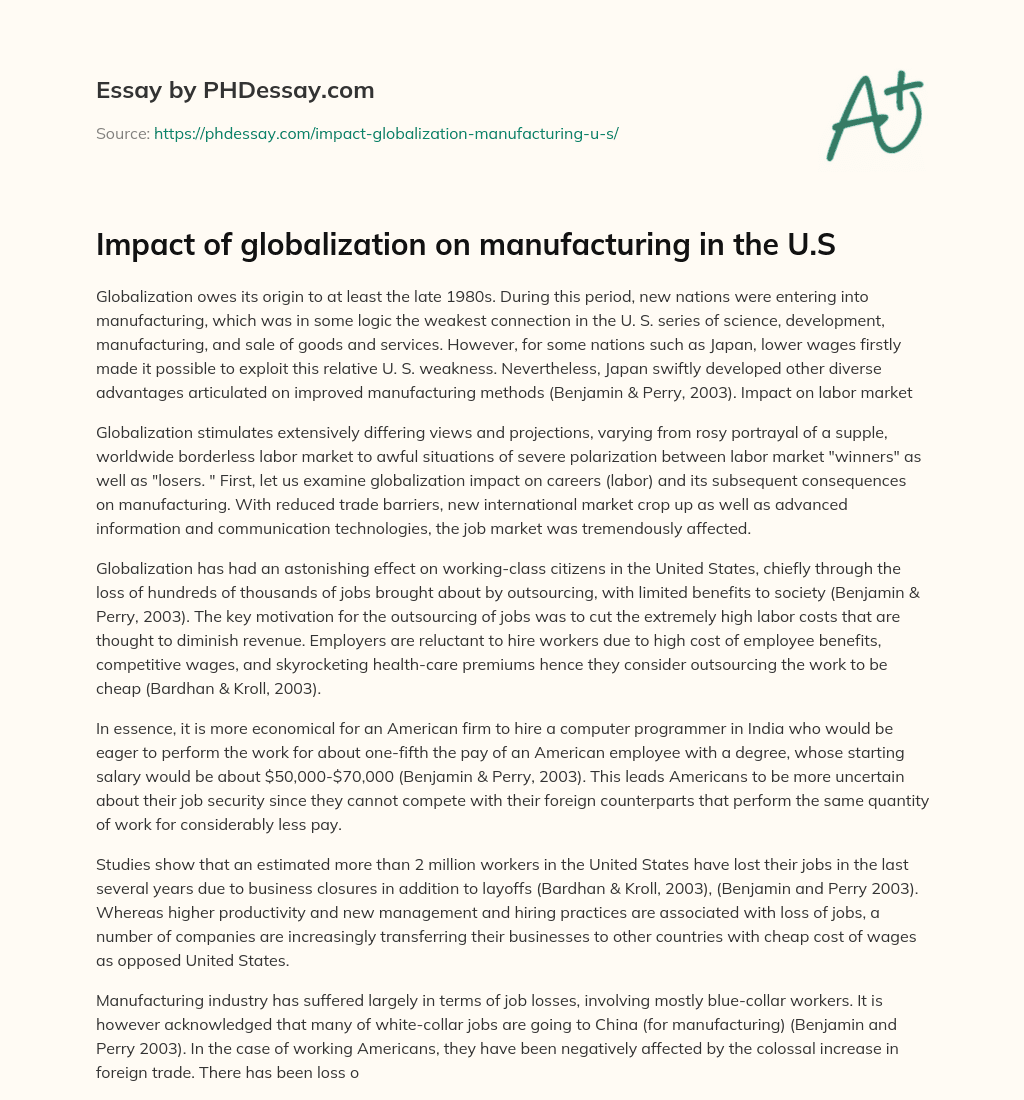 Impact of globalization on manufacturing in the U.S essay