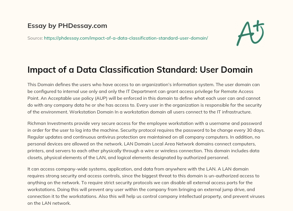 Impact of a Data Classification Standard: User Domain essay