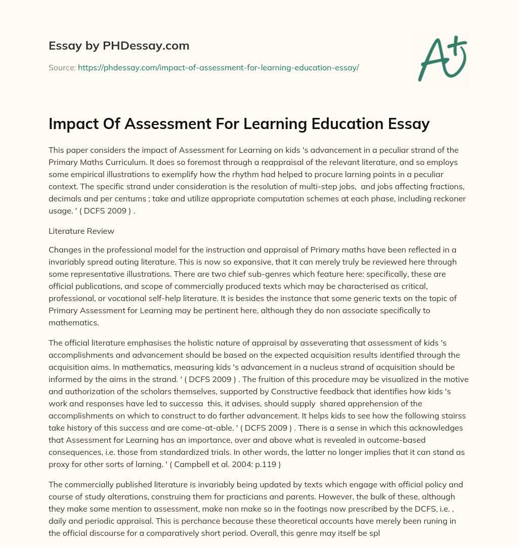 Impact Of Assessment For Learning Education Essay essay