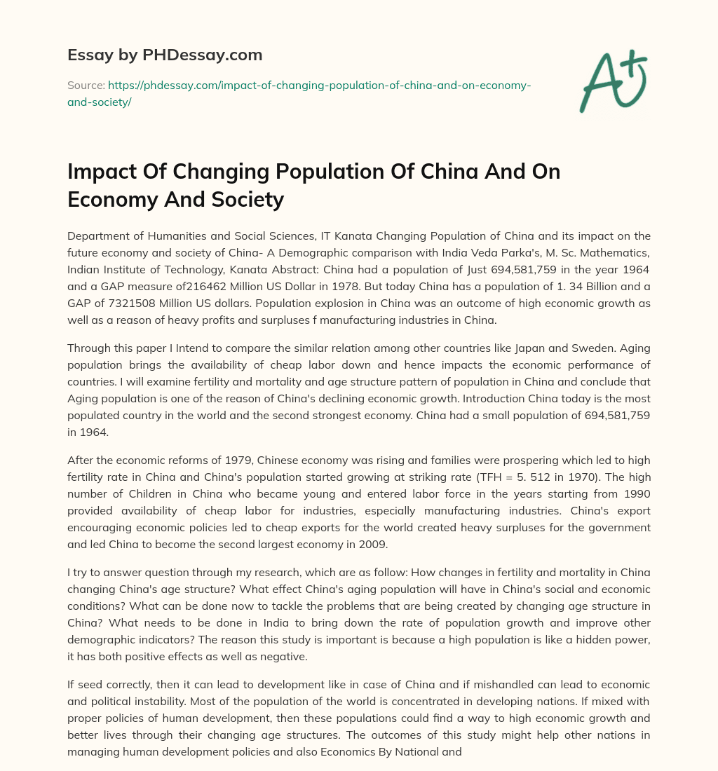 Impact Of Changing Population Of China And On Economy And Society essay