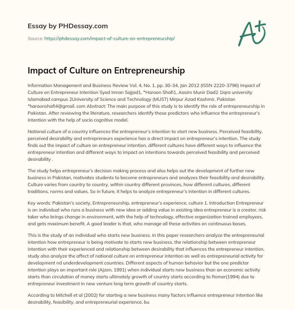 Impact of Culture on Entrepreneurship essay