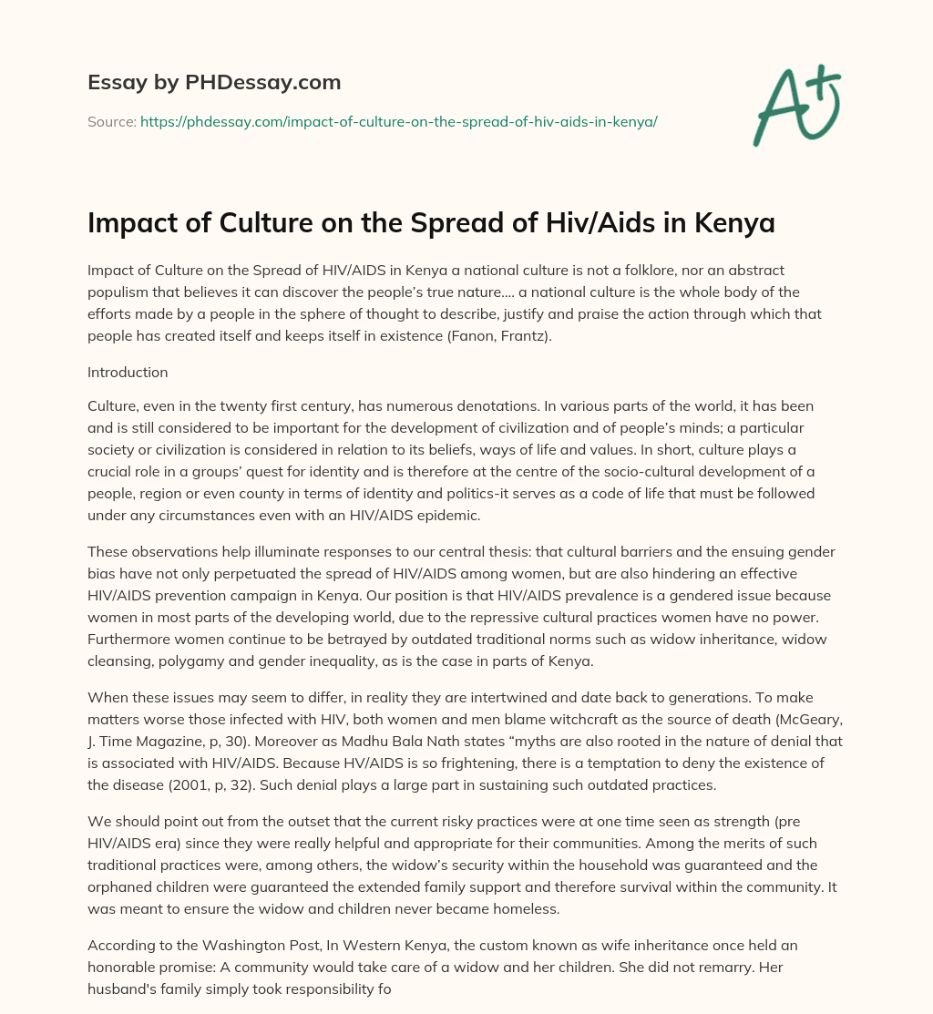 Impact of Culture on the Spread of Hiv/Aids in Kenya - PHDessay.com