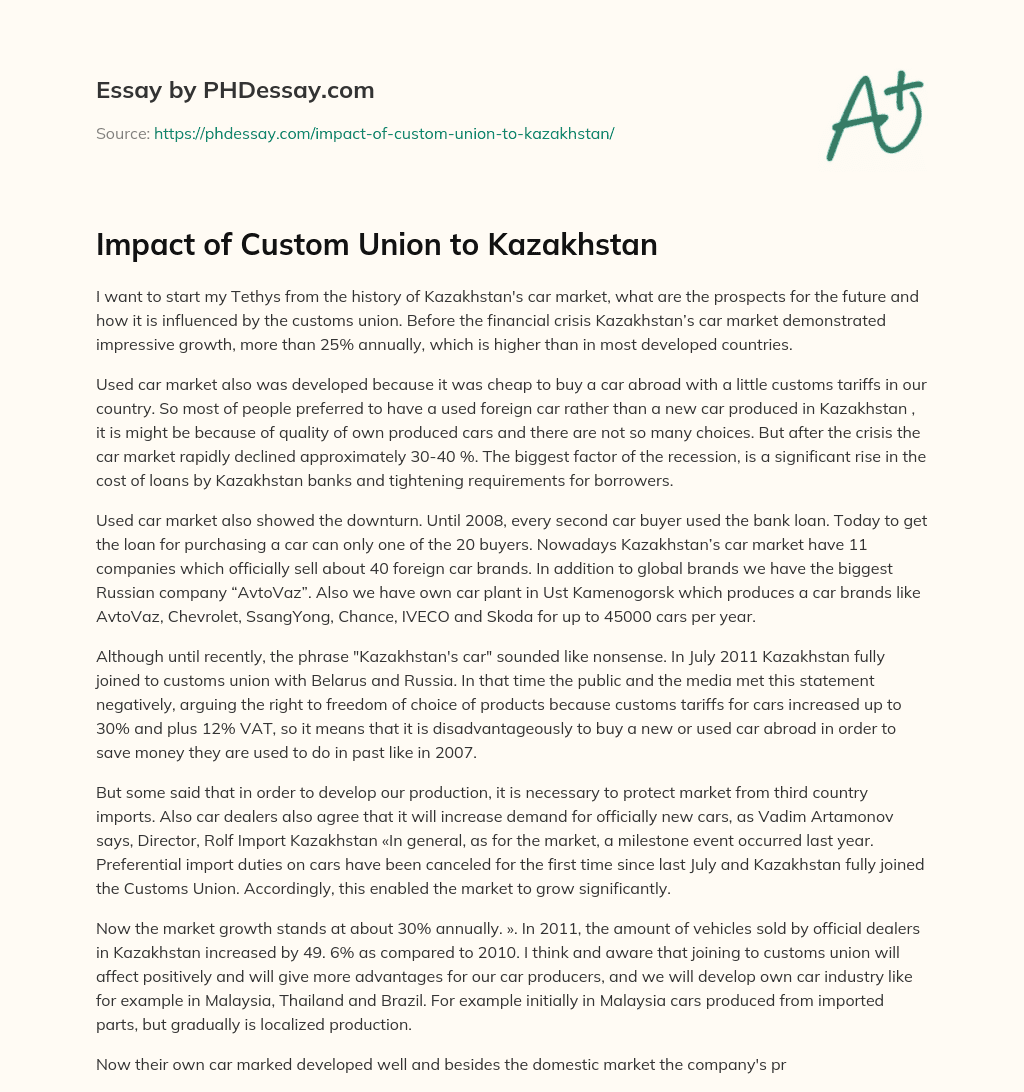 Impact of Custom Union to Kazakhstan essay