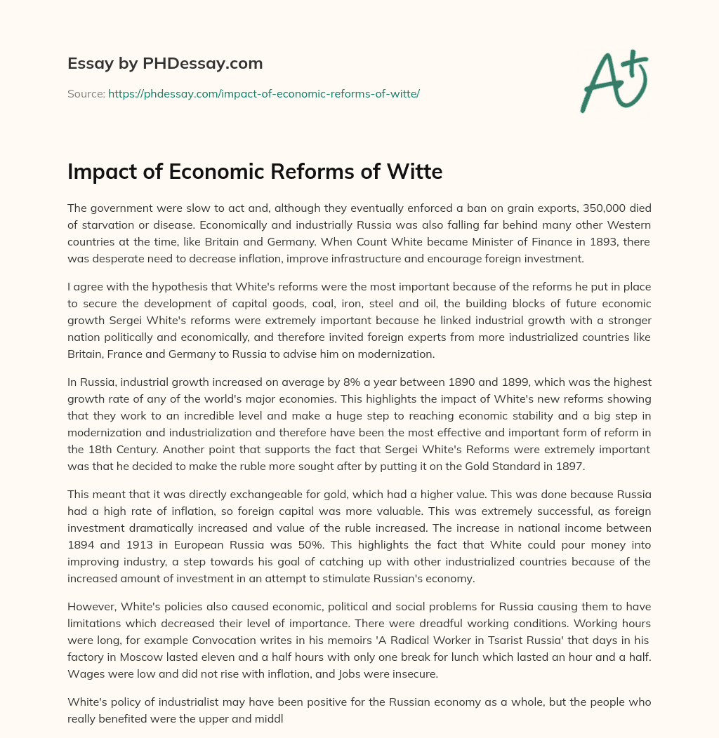Impact of Economic Reforms of Witte essay