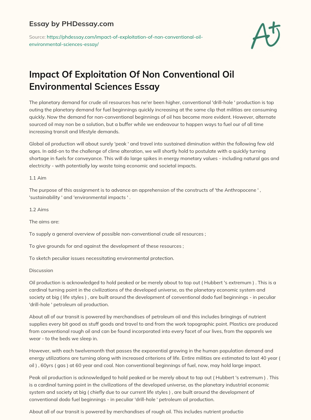 Impact Of Exploitation Of Non Conventional Oil Environmental Sciences Essay essay