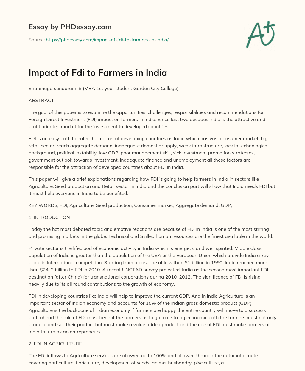 Impact of Fdi to Farmers in India essay