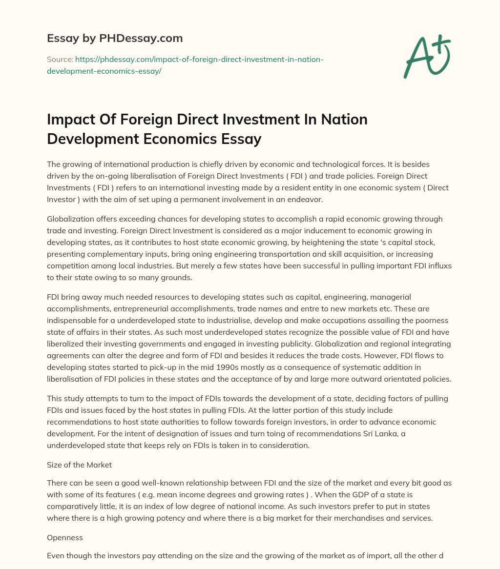 Impact Of Foreign Direct Investment In Nation Development Economics Essay essay