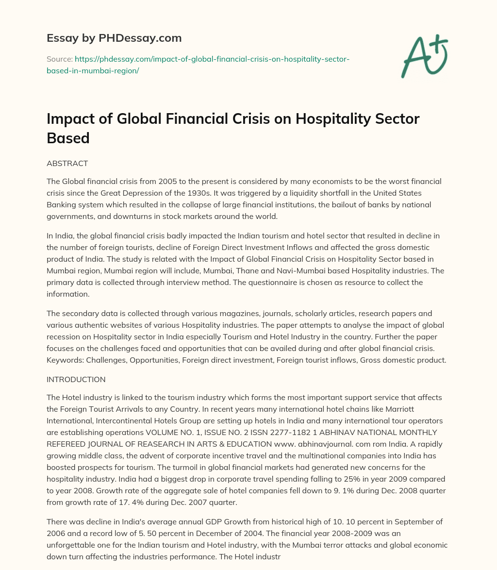 Impact of Global Financial Crisis on Hospitality Sector Based essay