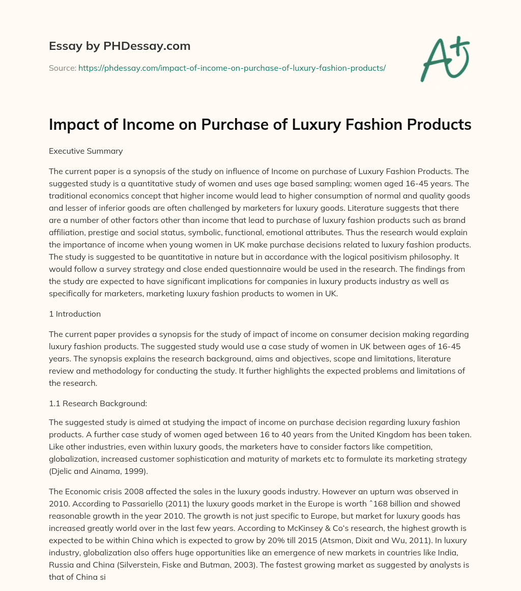 Impact of Income on Purchase of Luxury Fashion Products essay