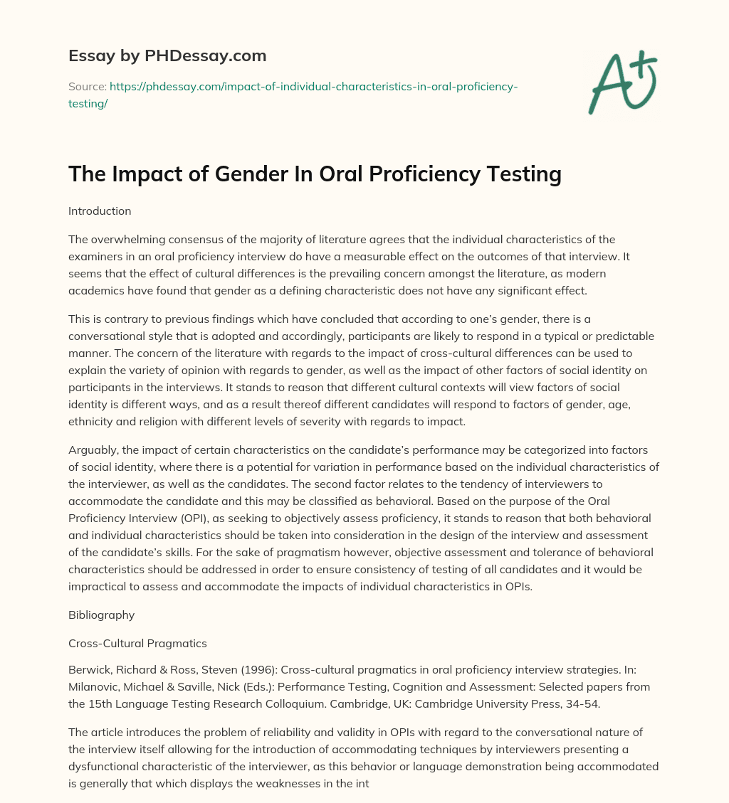 The Impact of Gender In Oral Proficiency Testing essay